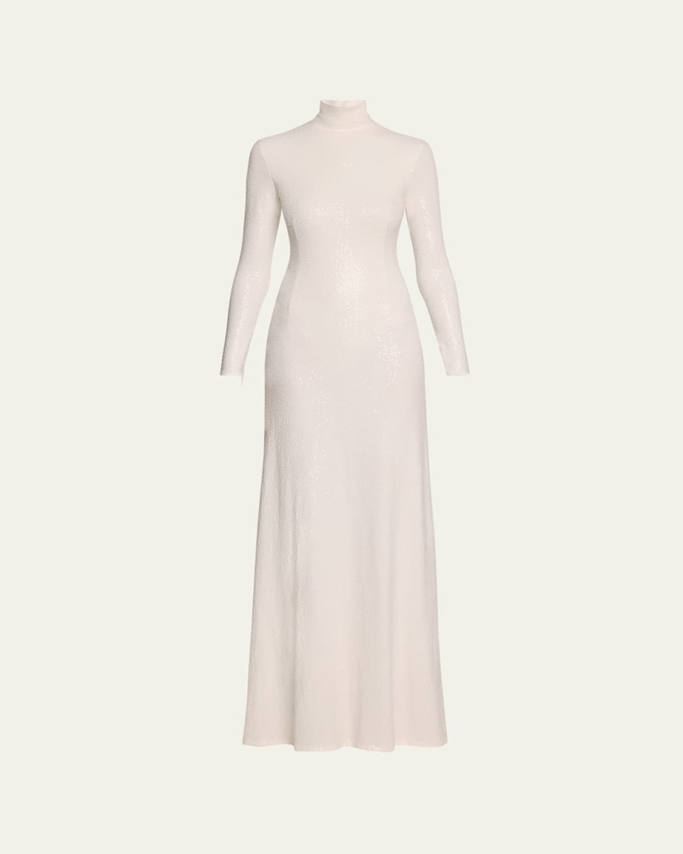Long Tonal Sequined Mock-Neck Gown